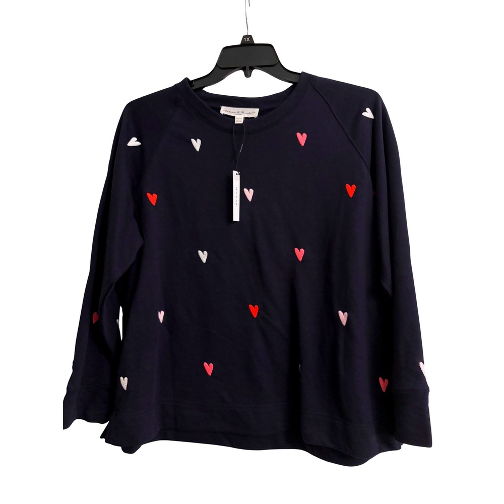 Chelsea & Theodore Navy Blue Heart Embroidered Sweatshirt 1X NWT Sweater Cozy